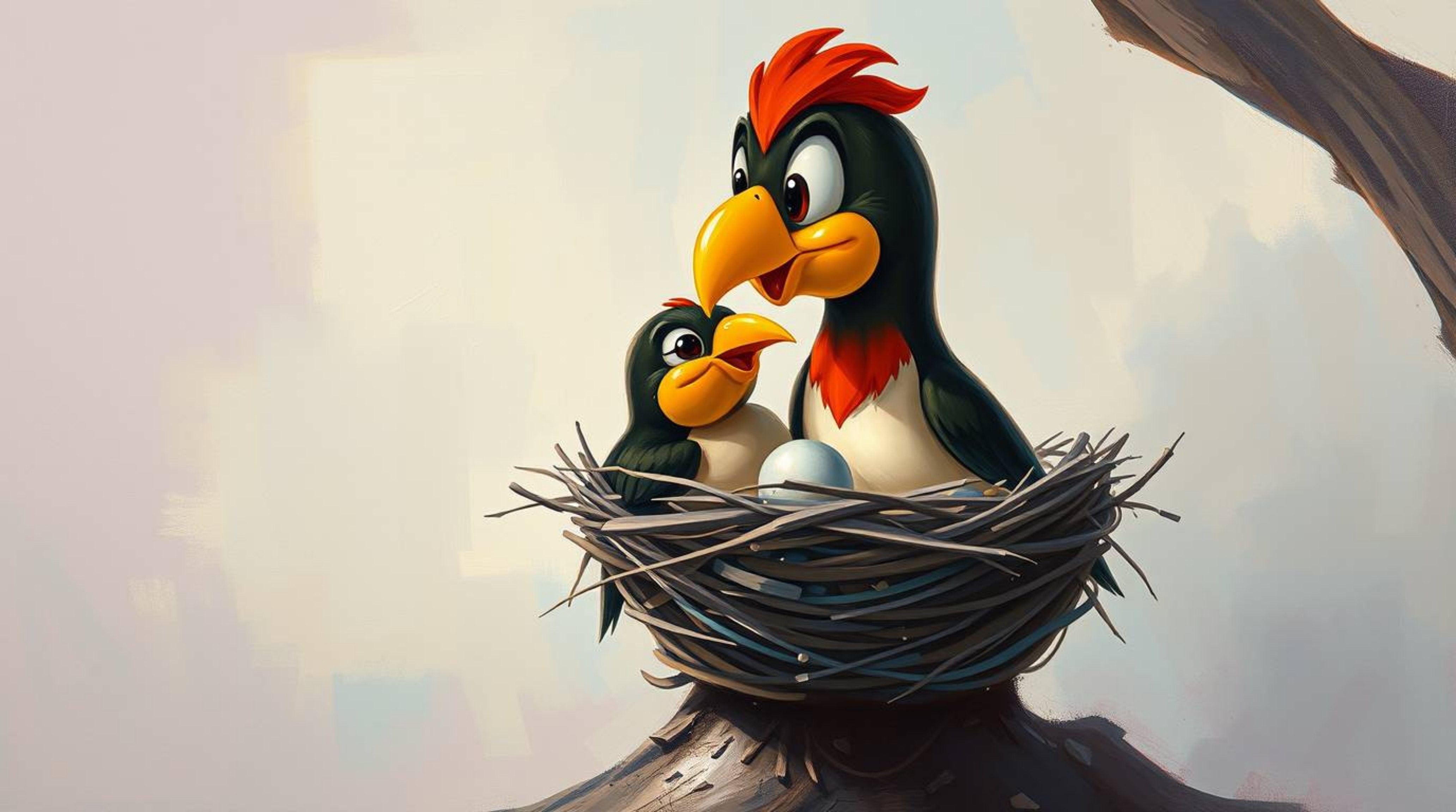 A vibrant acrylic painting depicting two cartoon birds building a nest.  Rendered in a classic animation style with a soft ci