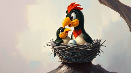 A vibrant acrylic painting depicting two cartoon birds building a nest. Rendered in a classic animation style with a soft ci