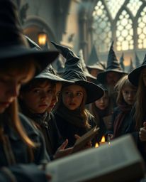 Immerse yourself in a captivating close-up of a magical school teeming with young wizards.  This cinematic image features sof