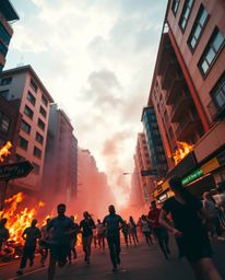 A dramatic scene unfolds with a low-angle perspective of a city engulfed in flames, highlighting the chaos as people run in a
