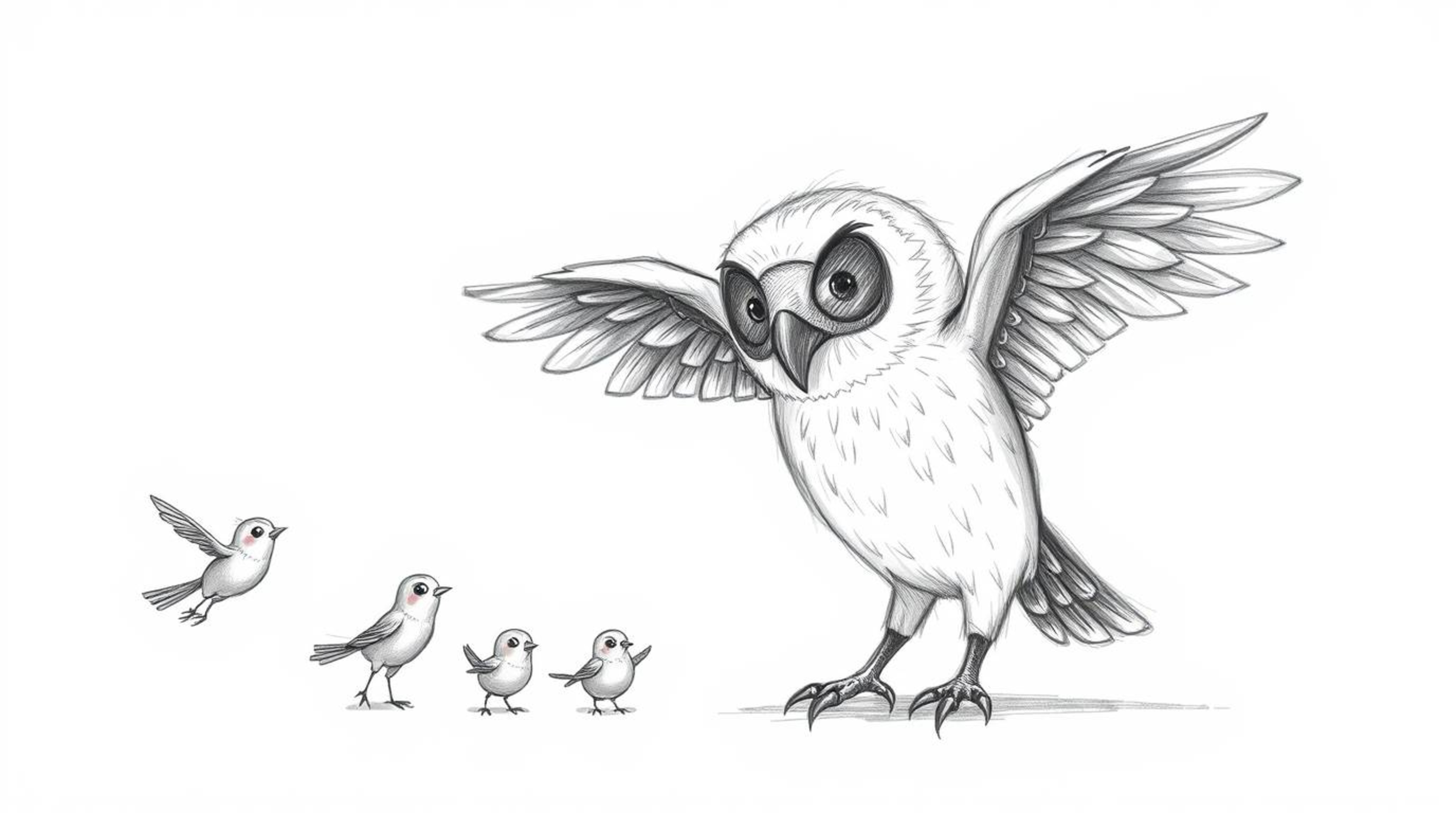 A heartwarming hand-drawn sketch in the style of Pixar depicts a wise, blind owl with soft feathers and large, expressive ear