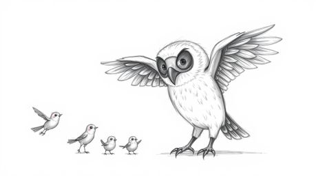 A heartwarming hand-drawn sketch in the style of Pixar depicts a wise, blind owl with soft feathers and large, expressive ear