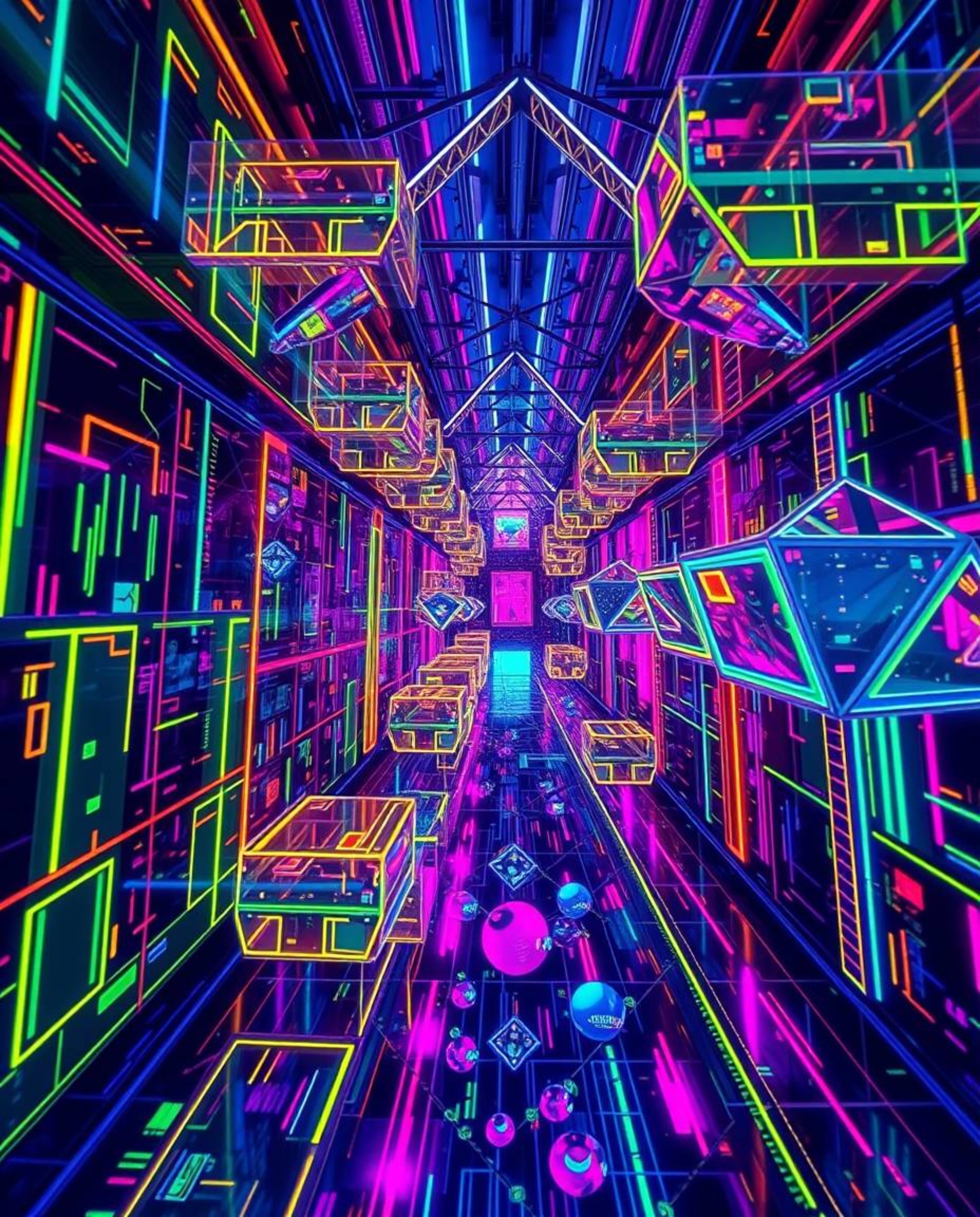 Stunning architectural photography showcasing glowing bioluminescent colors illuminating sharp lines and intricate details of