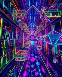 Stunning architectural photography showcasing glowing bioluminescent colors illuminating sharp lines and intricate details of