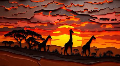 A stunning layered papier-mâché sculpture depicting a dramatic sunset over an African savanna, featuring silhouetted giraffes