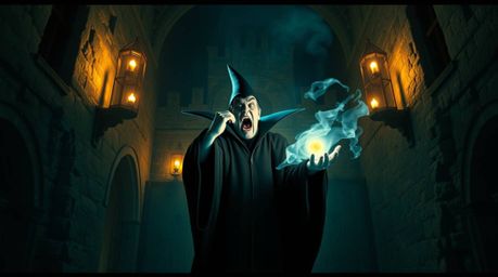 A classic Disney villain dramatically casts a spell within the ancient walls of a crumbling castle. This cinematic scene is