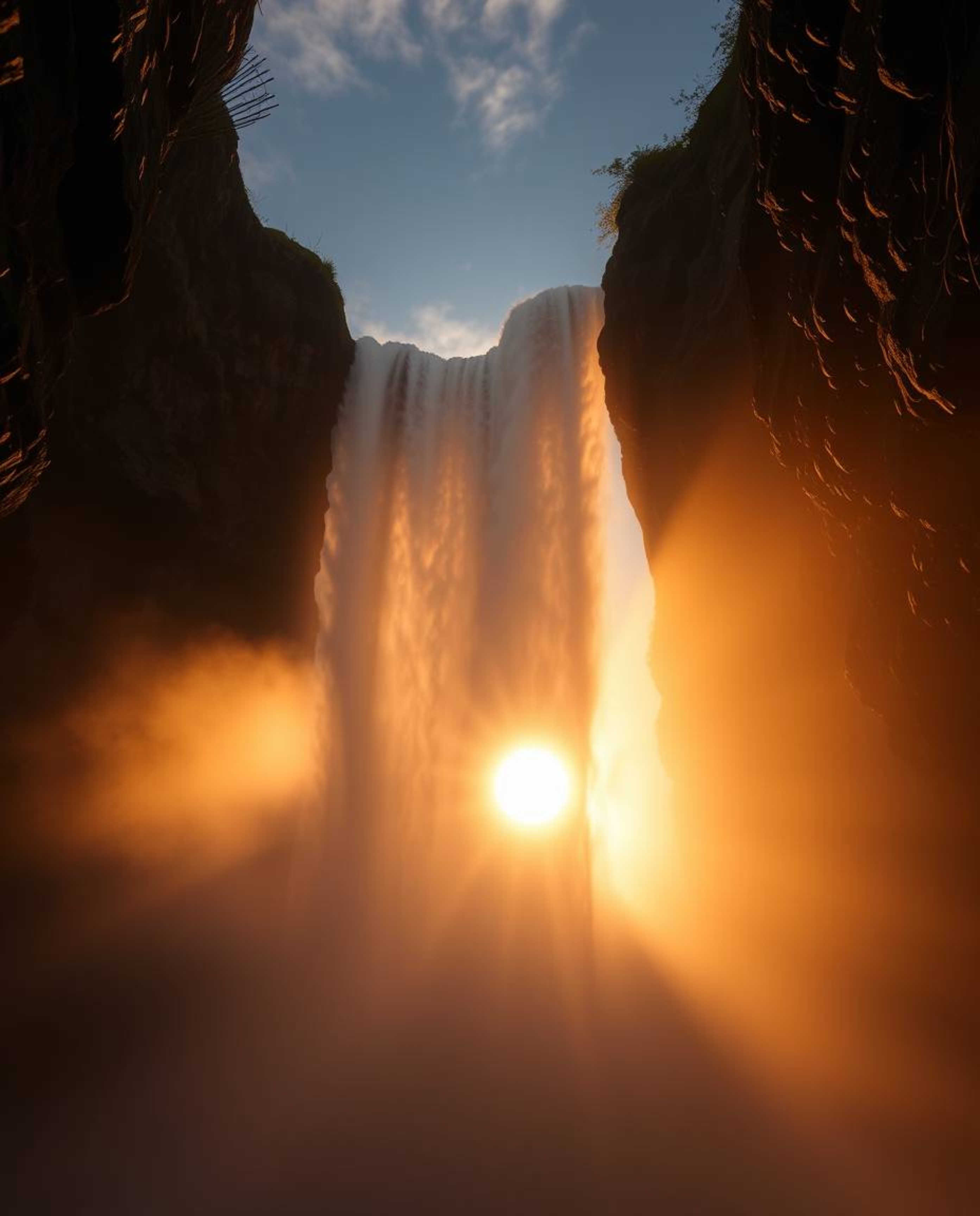 A high angle view captures the warm golden hour light illuminating a Sun setting behind a dramatic waterfall. This elevated p