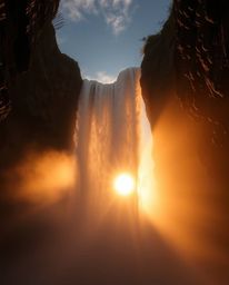 A high angle view captures the warm golden hour light illuminating a Sun setting behind a dramatic waterfall. This elevated p