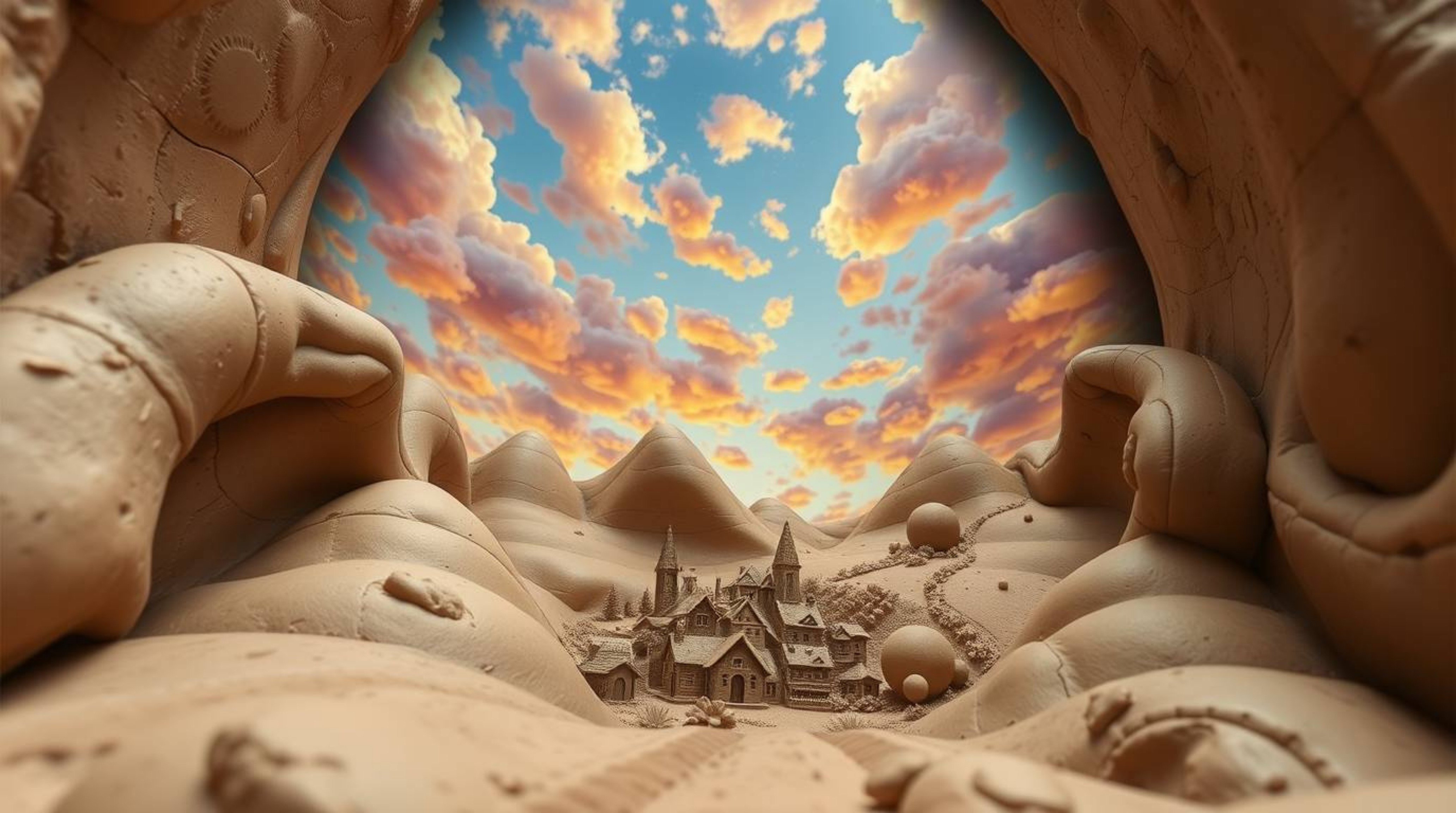 This sculptural clay artwork captures the essence of a cozy village nestled in a valley beneath a vibrant, colorful sky. The 