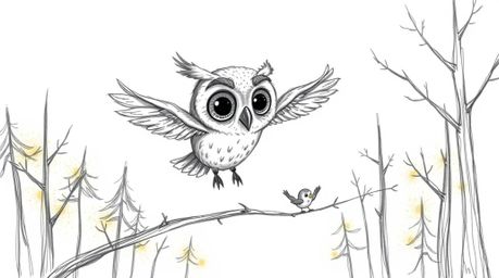 A heartwarming hand-drawn pencil sketch depicts a blind owl with expressive eyes, patiently teaching small birds to fly in a 