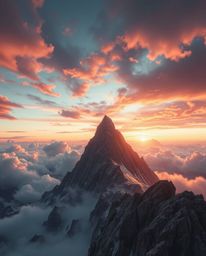 Enter a dreamlike and surreal world with this image of a dramatic sunset from a high alpine peak set against stormy skies. Re