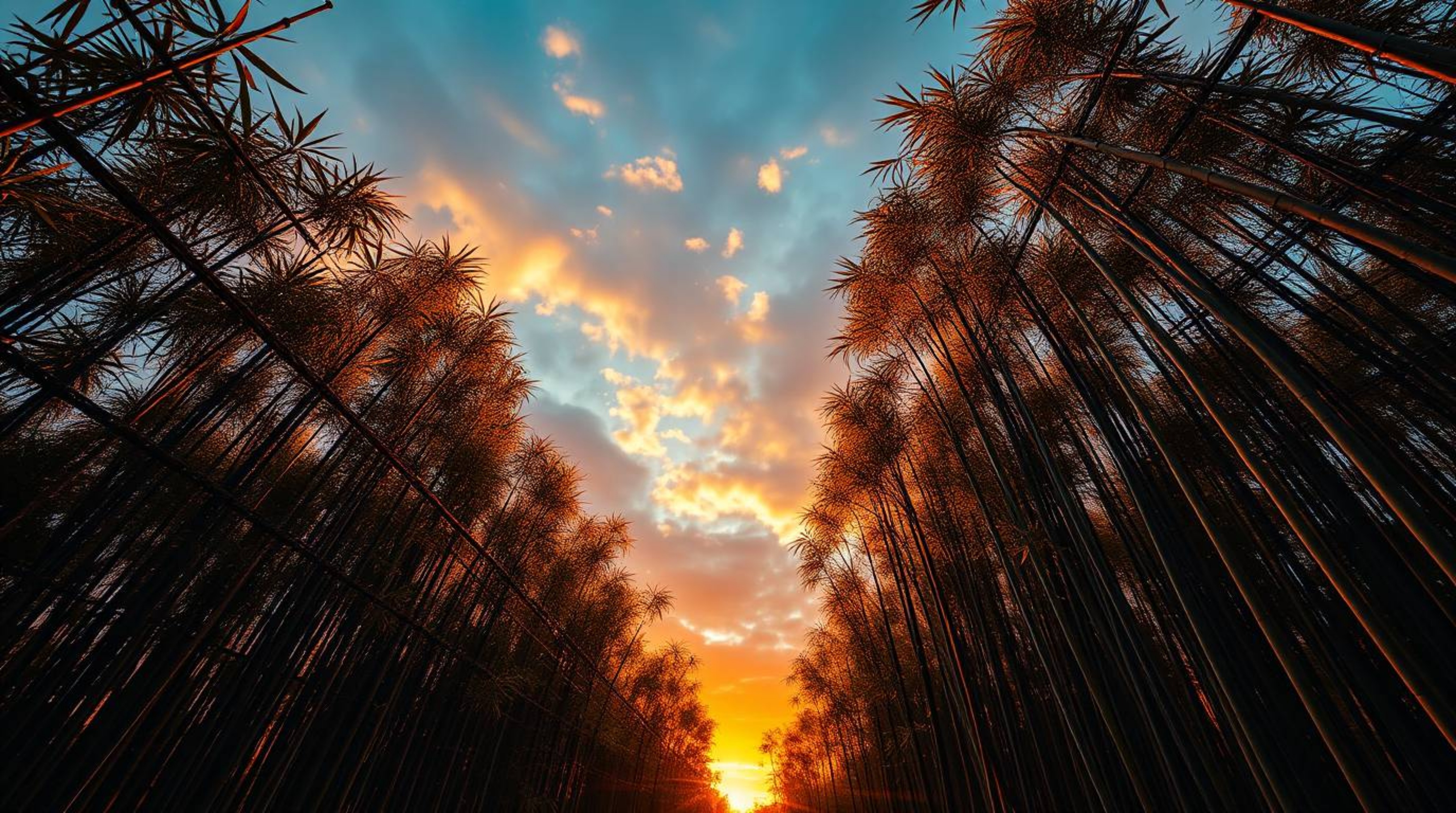 Explore a breathtaking architectural color photograph capturing a bamboo forest illuminated by the warm hues of a setting sun