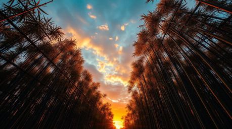 Explore a breathtaking architectural color photograph capturing a bamboo forest illuminated by the warm hues of a setting sun