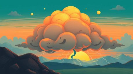 A charming and cute illustration depicts a thunderstorm illuminated by a warm sunset.  The artwork features a captivating con