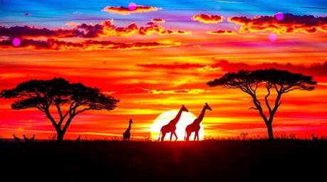 A captivating light art piece showcases a vibrant sunset over a serene savanna, silhouetted by majestic giraffes.  The artwor