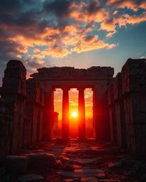 In a dramatic cinematic style, this scene captures a sunset casting shadows through ancient stone ruins. The use of vibrant c