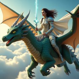 A magnificent scene unfolds as a dragon rider, adorned in silver-trimmed armor and wielding a crystal-encrusted sword, fearle