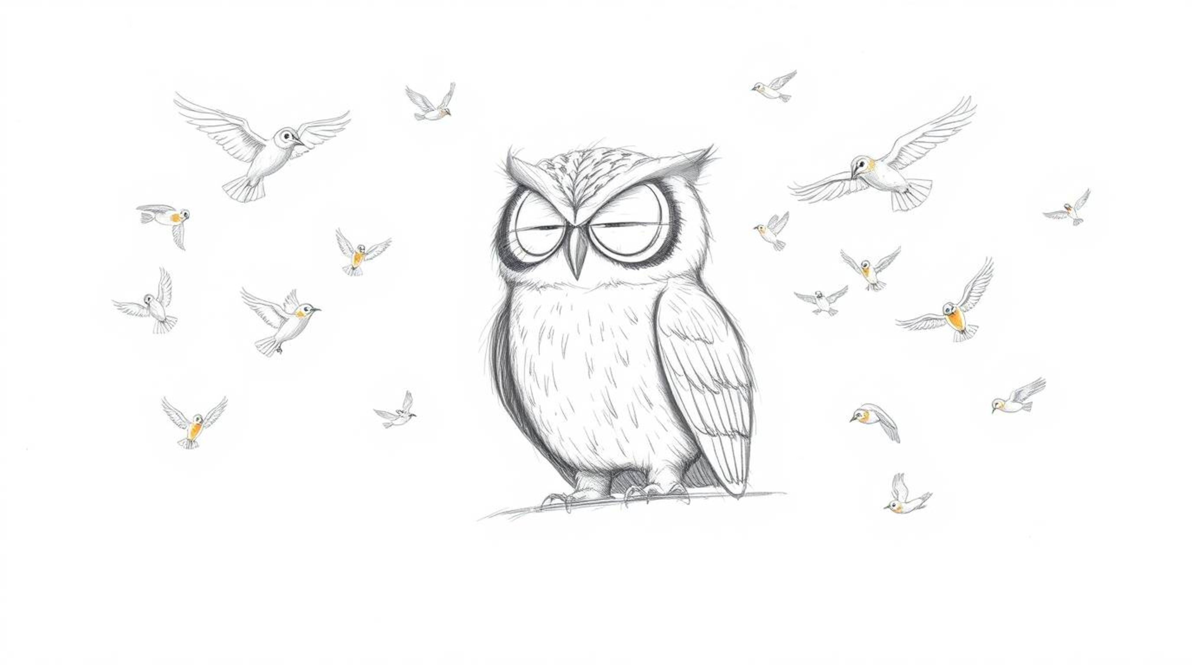 A whimsical pencil sketch in a Pixar-esque style depicts a wise-looking blind owl with detailed feathers, calmly sitting amid