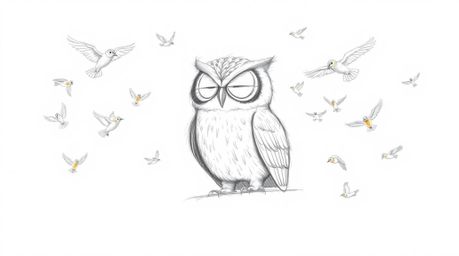 A whimsical pencil sketch in a Pixar-esque style depicts a wise-looking blind owl with detailed feathers, calmly sitting amid