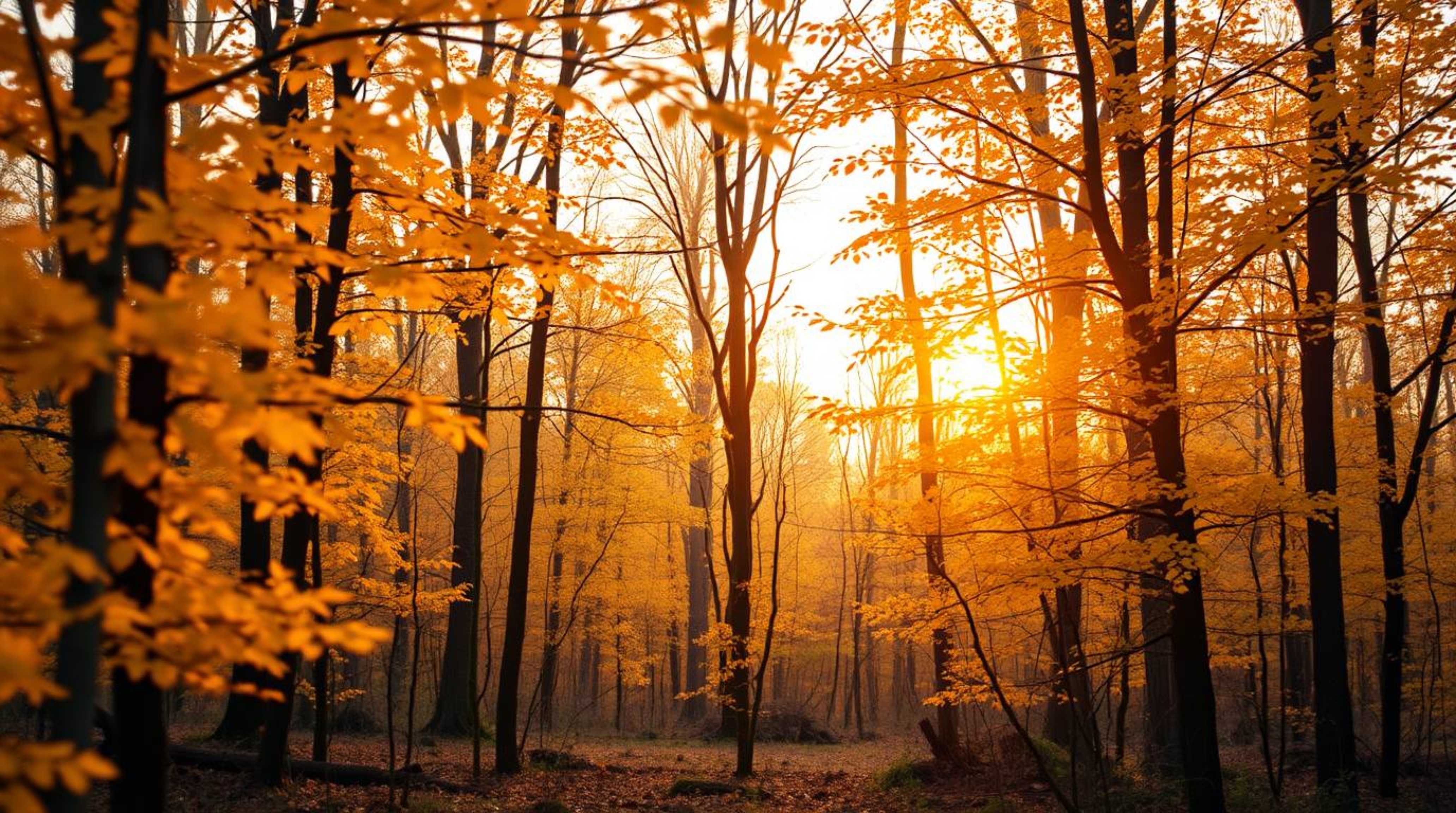 Experience the tranquility of a soft pastel autumn forest.  Golden leaves are illuminated by the warm glow of the setting sun