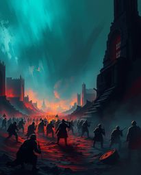 This digital artwork depicts a chaotic battlefield scene where time-warped soldiers clash amidst crumbling buildings. The sce
