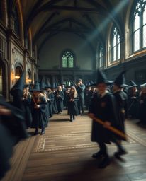 Capture the enchanting atmosphere of a magical school brimming with young wizards through the art of long exposure photograph
