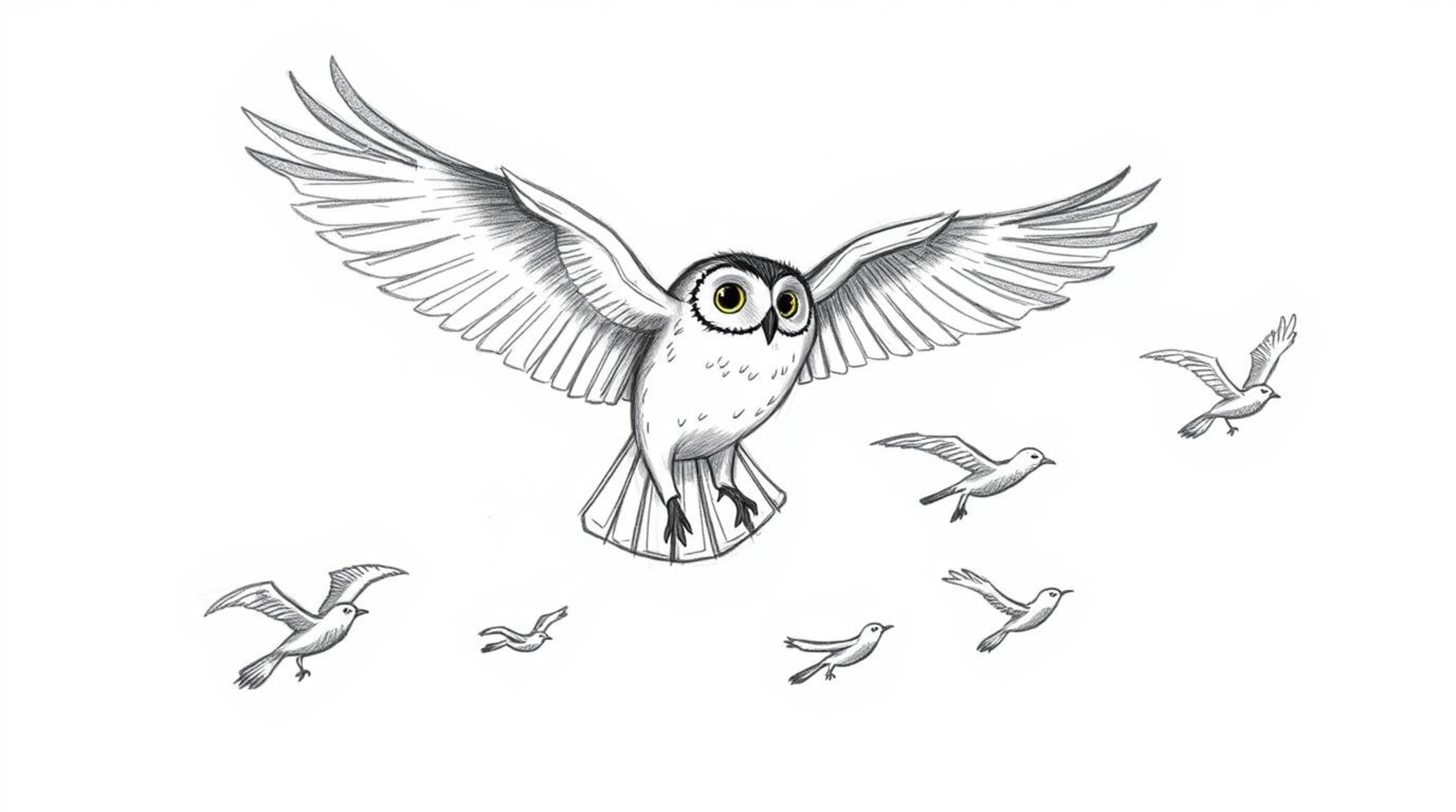 A heartwarming hand-drawn sketch, reminiscent of Pixar animation, portrays a blind owl gracefully mid-flight. The owl, render