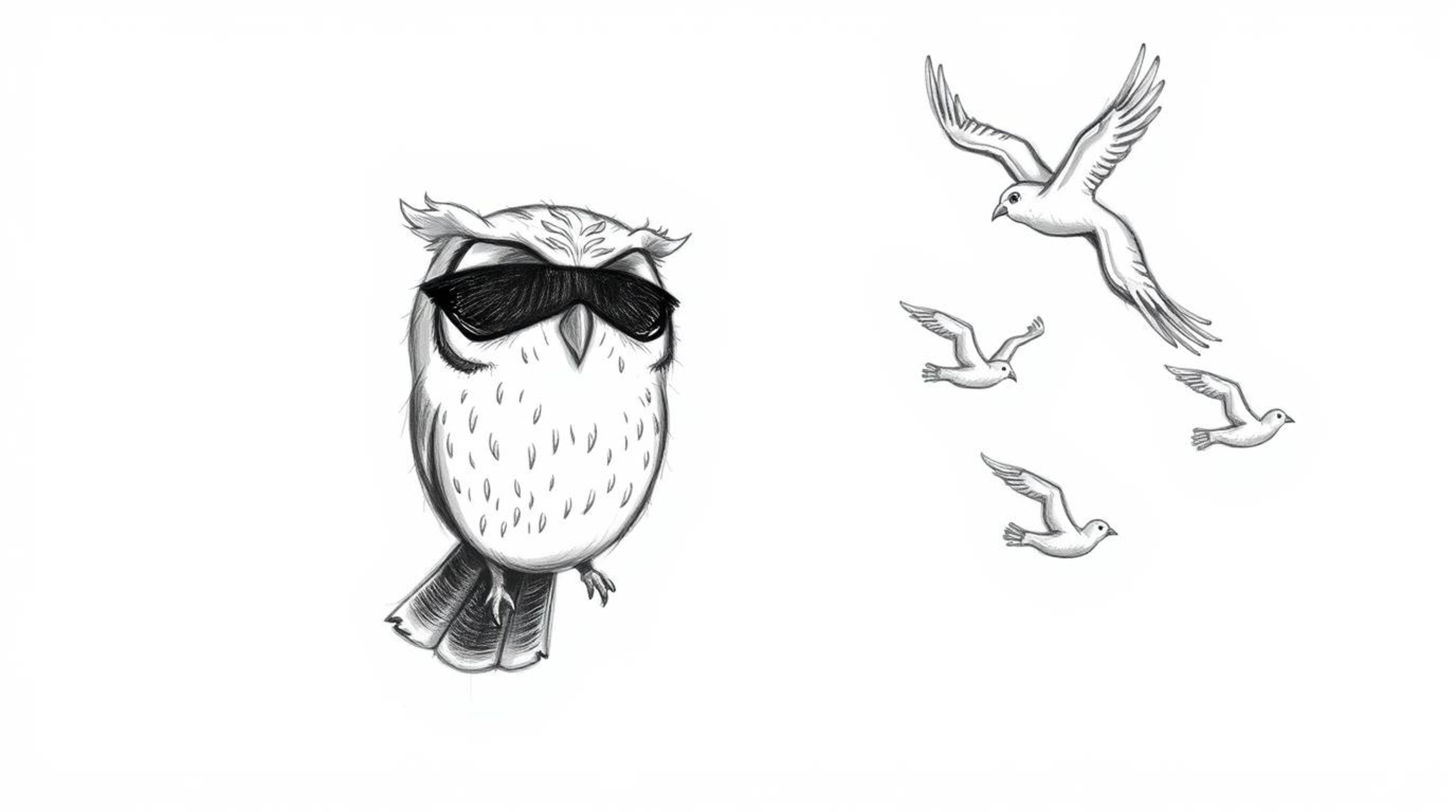 A hand-drawn sketch in the style of Pixar depicts a blind owl with a serene expression and soft plumage, guiding a flock of b