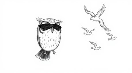 A hand-drawn sketch in the style of Pixar depicts a blind owl with a serene expression and soft plumage, guiding a flock of b