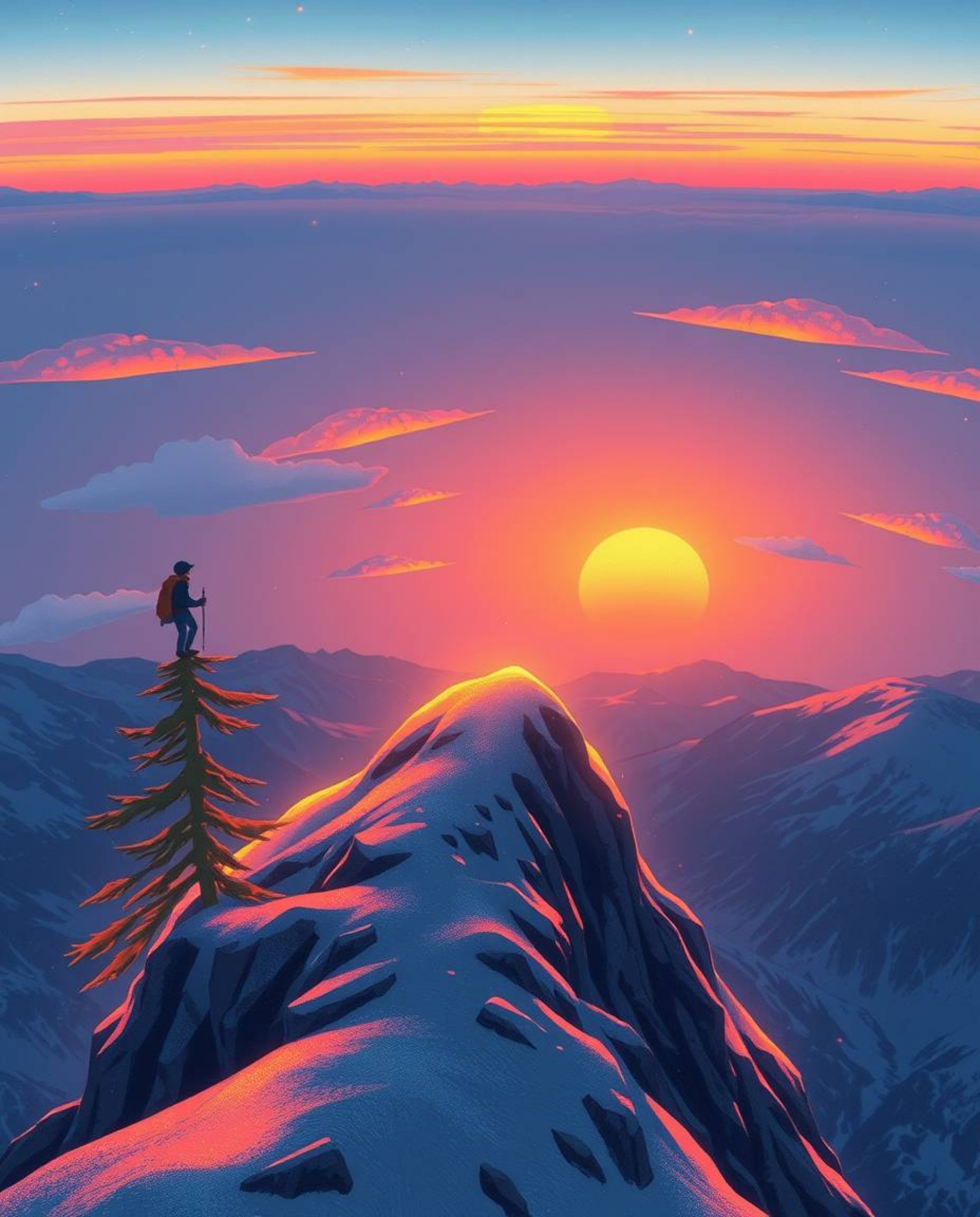 This is an adorable and charming illustration depicting a sunset as viewed from a high alpine peak. The scene is magically br