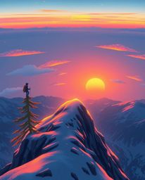 This is an adorable and charming illustration depicting a sunset as viewed from a high alpine peak. The scene is magically br