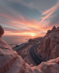 This is a piece of sculptural clay art depicting a sunset sky over a winding coastal highway, distinguished by its surreal in
