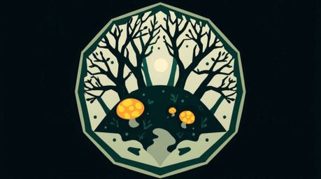 A captivating geometric logo design showcases a vintage-style enchanted forest viewed from above.  Glowing mushrooms illumina