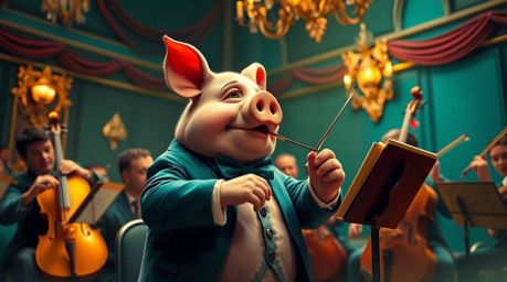 A whimsical illustration depicting a pig character passionately conducting an orchestra in a rich, deep teal setting. The sce
