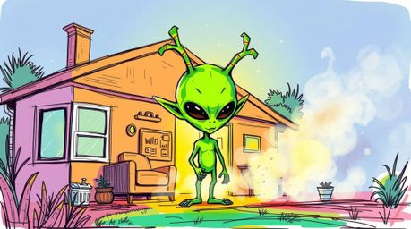 A vibrant, hand-drawn sketchnote illustration depicting an alien with antenna-like hair residing in a typical suburban house.