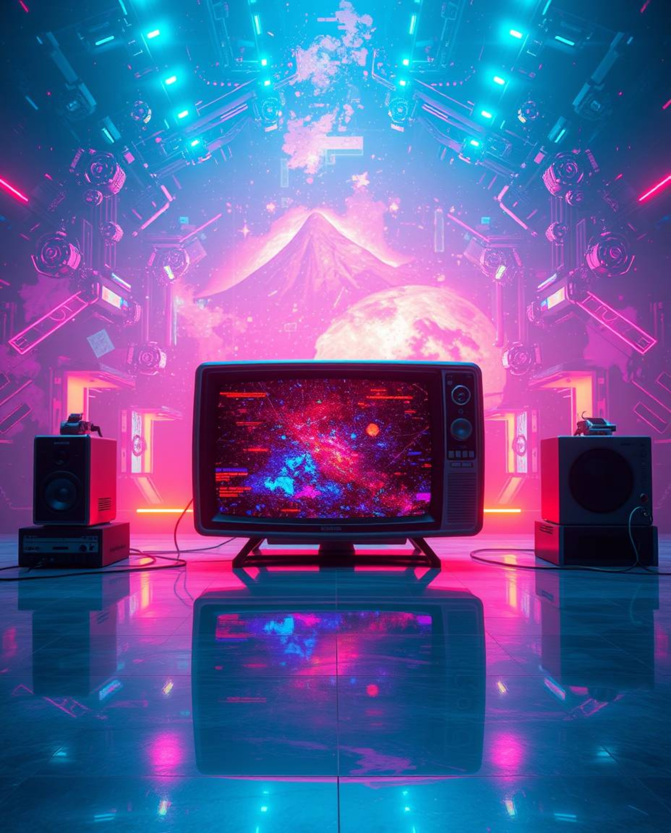 A captivating image depicts a massive heroic scene set in an epic modern future.  The vibrant scene is showcased on a TV scre