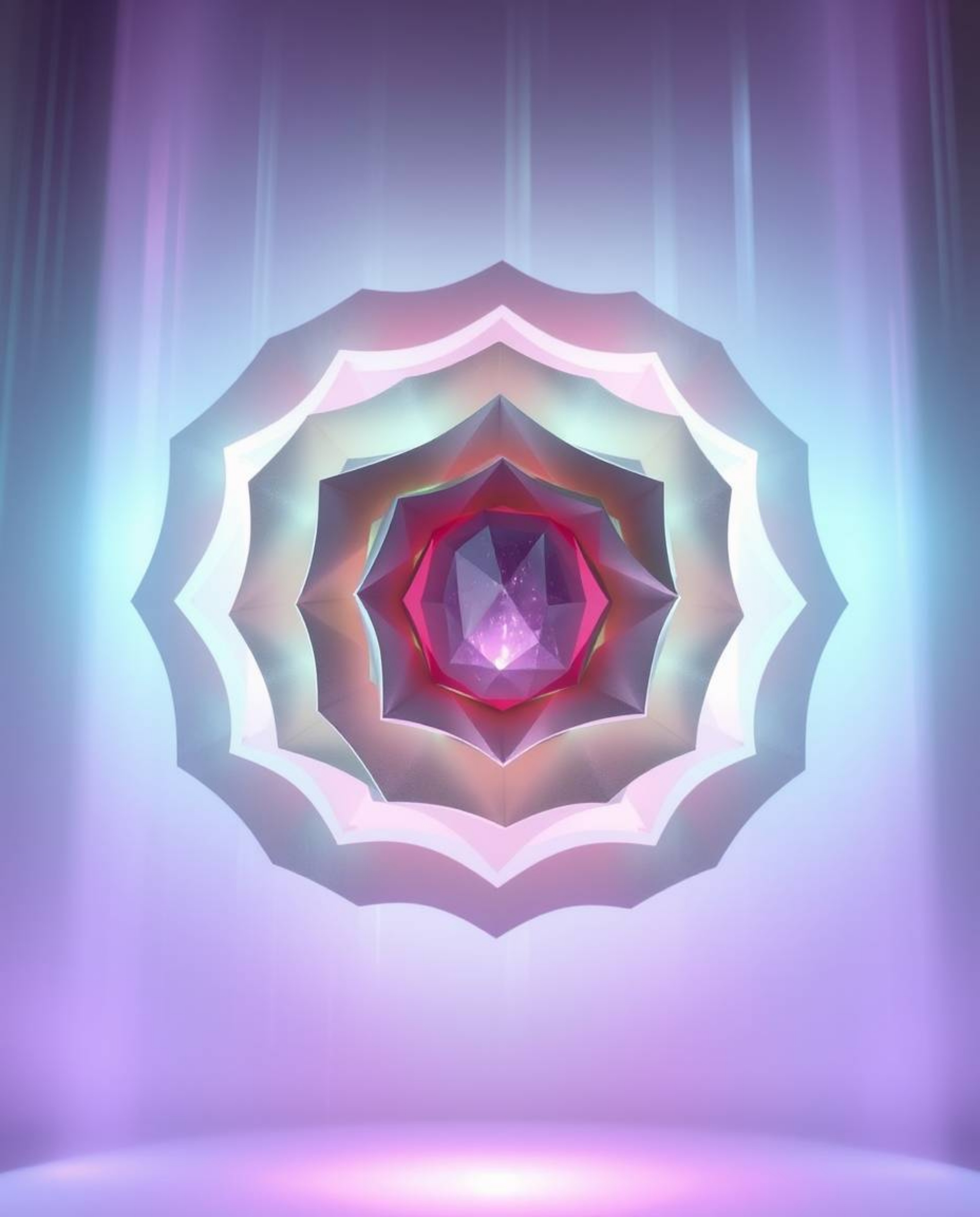 Discover an ethereal digital artwork featuring layered papier-mâché glitched geometric shapes floating in a cyberspace matrix