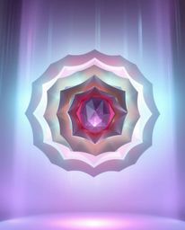 Discover an ethereal digital artwork featuring layered papier-mâché glitched geometric shapes floating in a cyberspace matrix