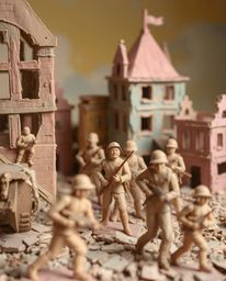 Explore a surreal battlefield rendered in soft pastel colors, featuring layered papier-mâché time-warped soldiers and crumbli