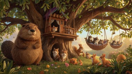 A high-resolution, commercially viable stock photo depicting a whimsical, Pixar-inspired beaver busily constructing a luxurio