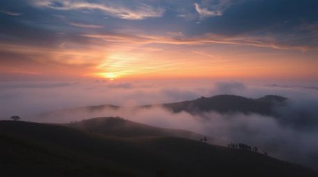 A captivating close-up shot captures the magic of fog-covered hills at sunset. The scene is alive with vibrant, contrasting c