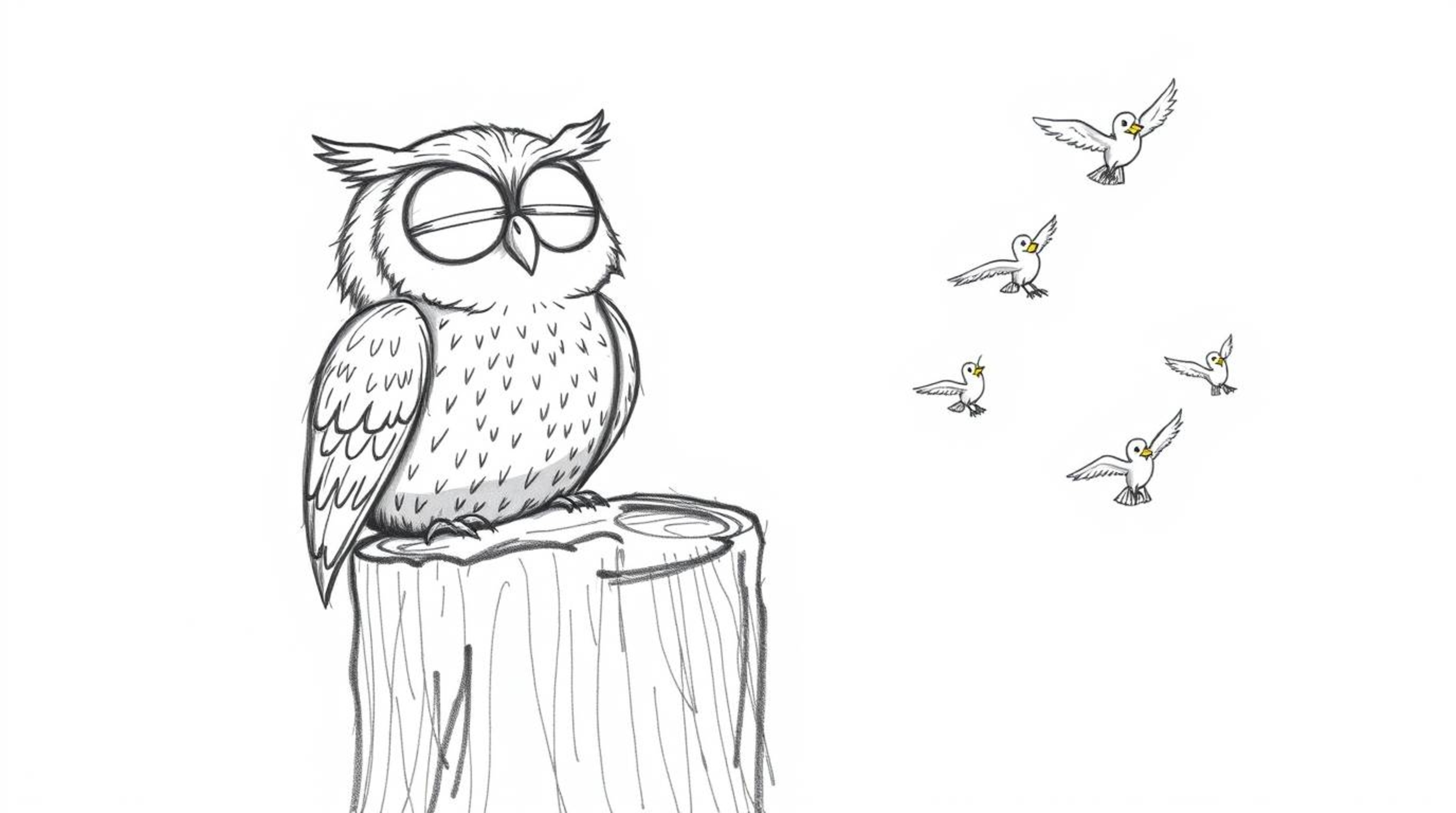 A heartwarming hand-drawn sketch depicts a blind owl teacher, rendered in a Pixar-inspired style, joyfully smiling from a tre