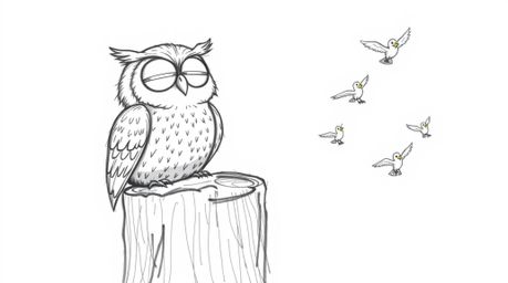 A heartwarming hand-drawn sketch depicts a blind owl teacher, rendered in a Pixar-inspired style, joyfully smiling from a tre