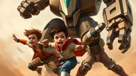 A dynamic digital painting showcases three superpowered children of diverse ethnicities engaged in an intense battle against 