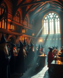 Immerse yourself in a magical school brimming with young wizards, bathed in the warm, golden light of the setting sun. The s