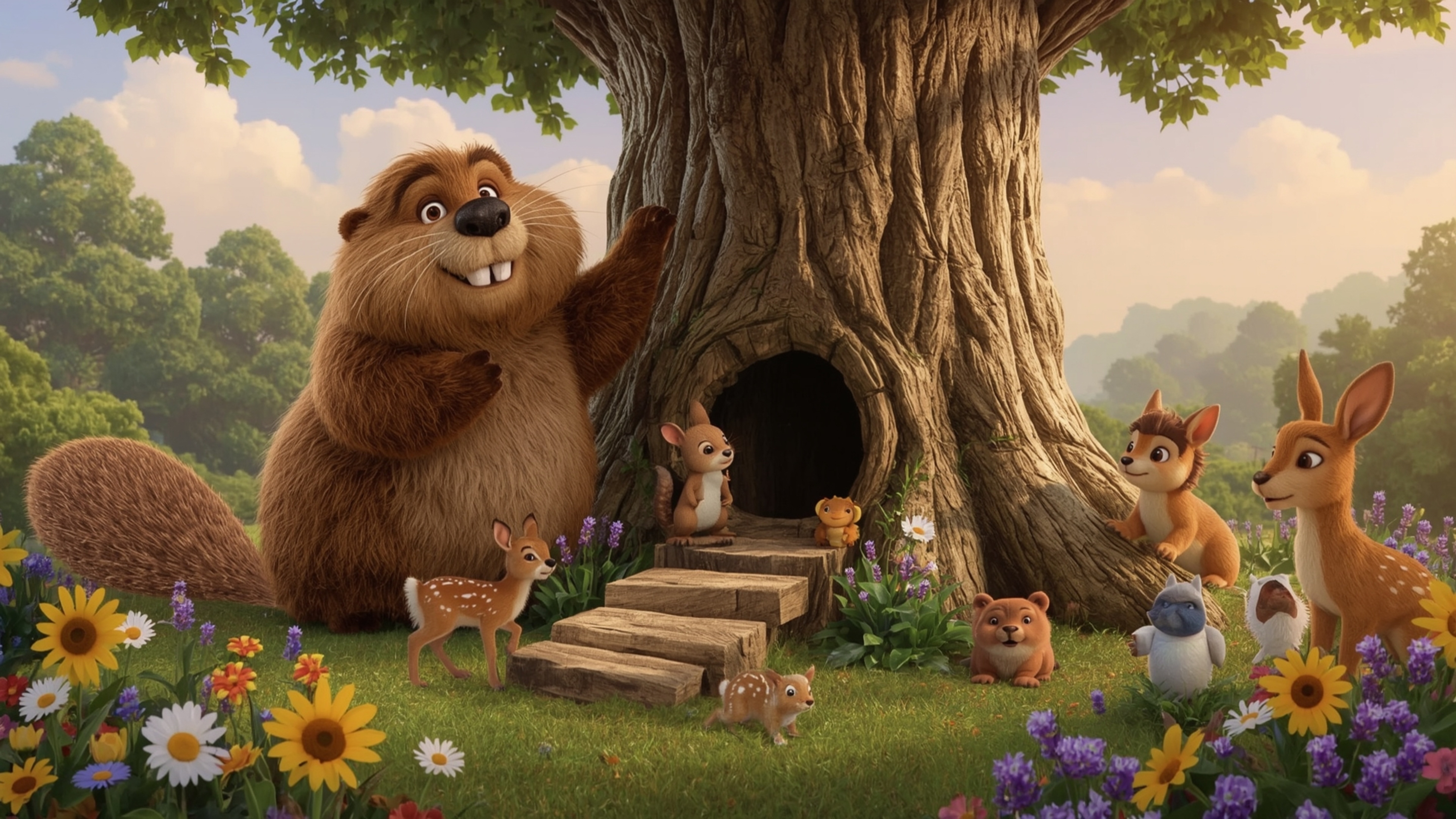 A highly detailed, commercial-quality stock photo captures a friendly, fluffy beaver with a kind smile, busily building the p