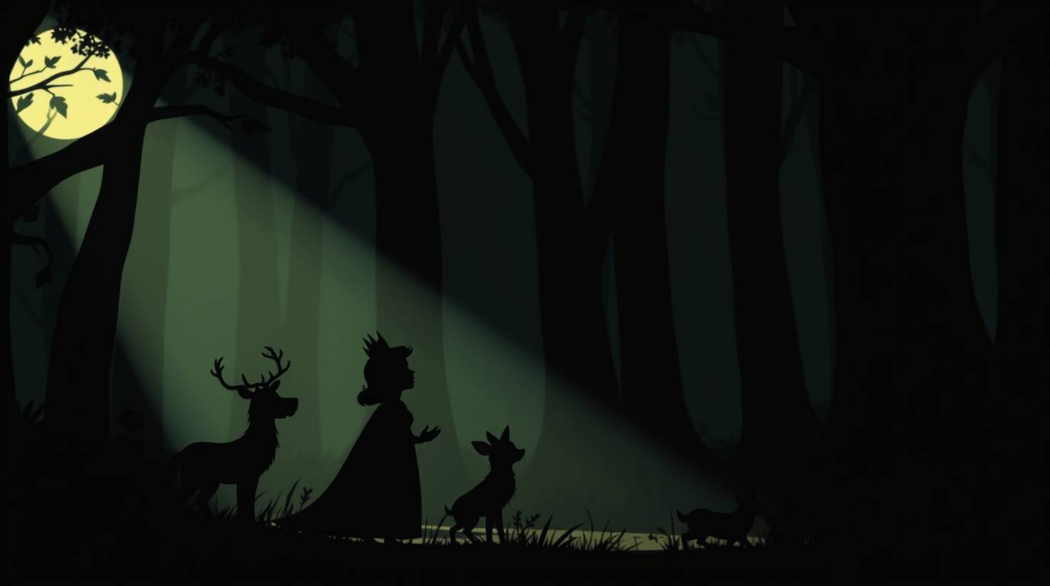 Experience a strong, moody visual style with silhouetted backlighting in this low-contrast vintage 2D animation.  A princess 