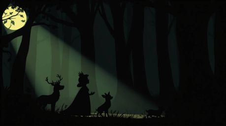 Experience a strong, moody visual style with silhouetted backlighting in this low-contrast vintage 2D animation. A princess