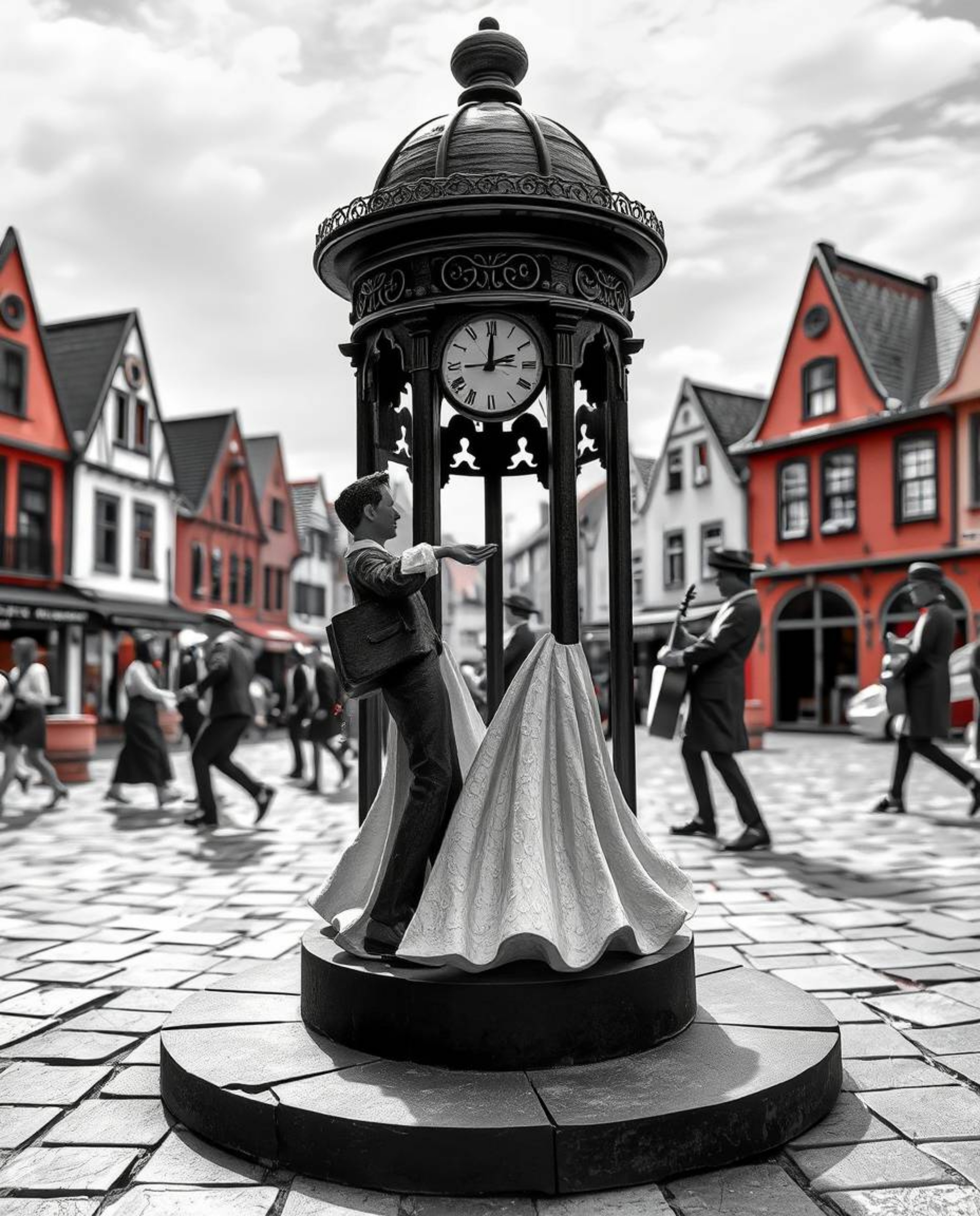 A classic black and white sculpted and textured layered papier-mâché artwork captures a musical number in a bright town squar