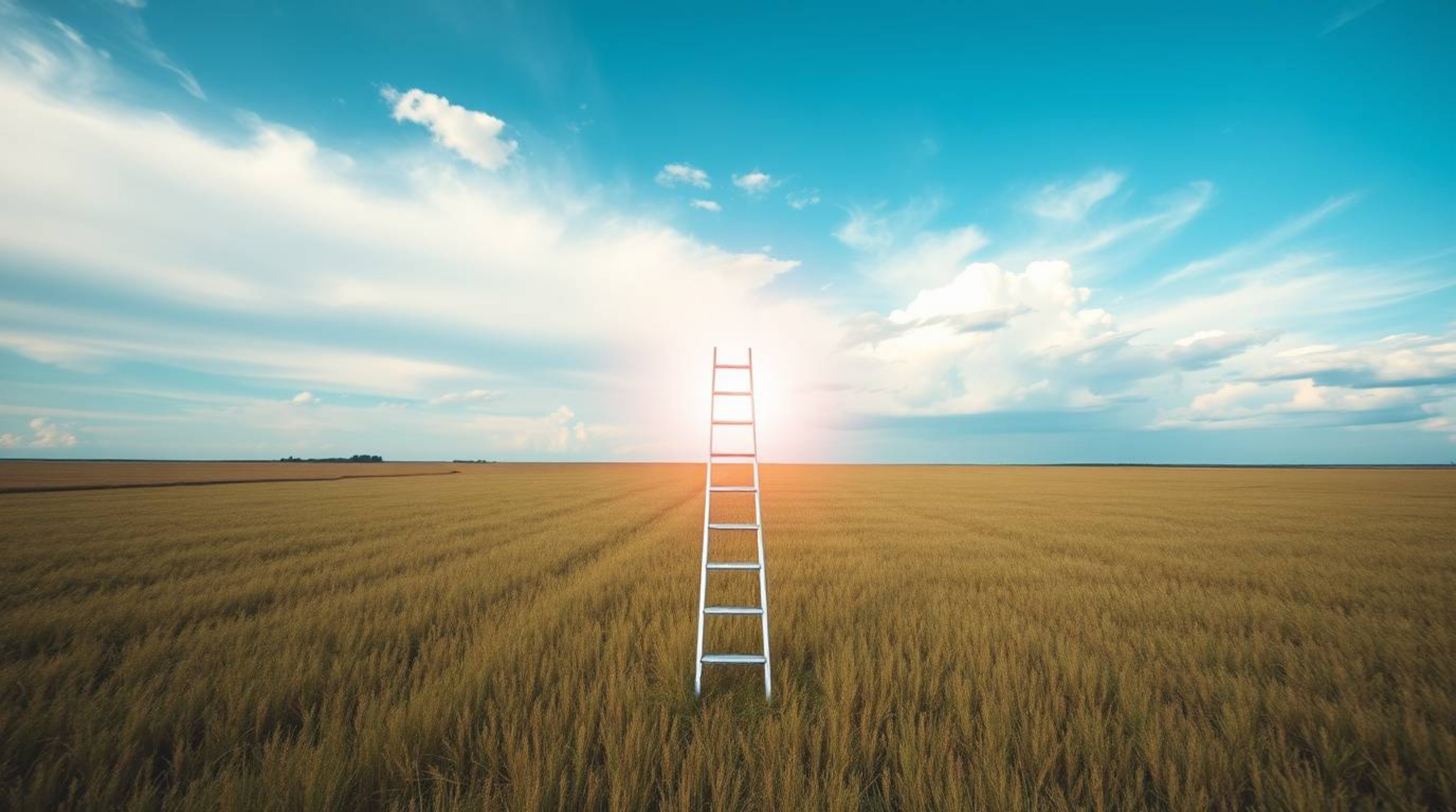 A minimalist scene featuring a silver ladder in an open field beneath a wide, cloudy sky evokes an ethereal and spiritual vib